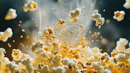 Poster -   A generous amount of popcorn kernels decorates a black and white backdrop, forming a stunning visual