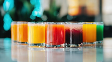   A colorful row of glasses filled with various juices sits atop a glass table An adjacent glass holds orange, red, green, yellow, and blue juice