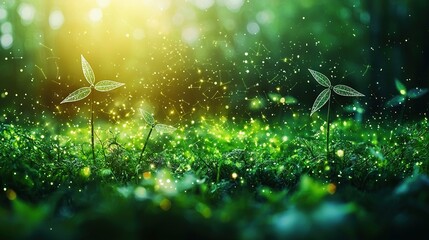 Poster -   Grass field with small plants under bright light