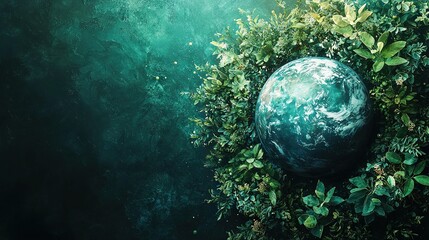 Wall Mural -  A photo featuring Earth centered within a circle of lush greenery, surrounded by leafy branches against a deep green backdrop