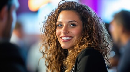 Poster - Woman with Curly Hair Smiling and Looking Over Shoulder