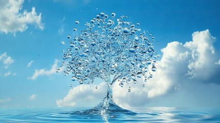  A water tree floats in a blue cloudy sky