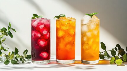 Poster -   Tall glasses filled with various drinks and adorned with green and red garnishes