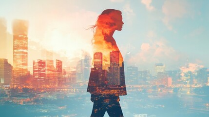 Wall Mural - Woman Silhouette Over Cityscape at Sunset