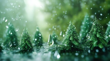 Wall Mural -   A cluster of tiny green trees dotted with dewdrops against a verdant backdrop, framed by a hazy forest in the foreground