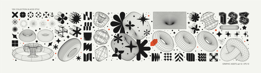 Leinwandbilder - Vector graphic assets set in acid style, retro futuristic background with wireframe elements of different forms, bold modern shapes for design template, poster, stickers, banner in Y2k style set 12