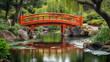 © Steven - A serene Japanese garden featuring a vibrant red arched bridge over a tranquil pond with koi fish, surrounded by lush greenery and weeping willows.