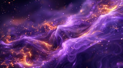 Poster - Vibrant cosmic swirl of purple hues with glowing golden accents in a vast celestial expanse