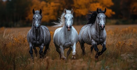 Three Horses Running Through a Field