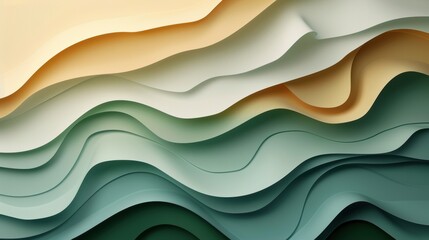 Poster - Colorful abstract background featuring layered paper cutouts in green, beige, and gray hues