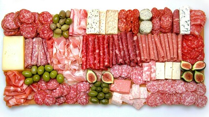 Sticker -   A platter of meat, cheese, olives, and other meats is displayed on a white surface