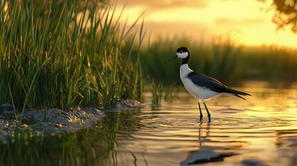 Poster -   A bird perched on water's edge amidst tall grass and a vibrant sunset behind