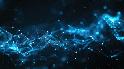 Poster - Abstract blue glowing low poly mesh with connection lines against a black background