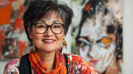 Poster - Portrait of a Smiling Woman Wearing Glasses and a Colorful Scarf