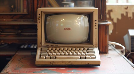 Poster - A vintage computer on display in a dimly lit room, showcasing the evolution of electronic technology