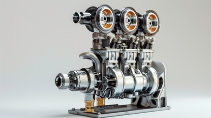 A detailed close-up view of a silver engine with three cylinders, gold-toned pistons, and black intake manifolds.