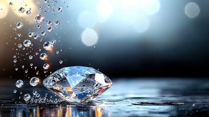 Wall Mural -   A macro photo of a diamond resting on a wet surface against a soft gradient backdrop of sunlight