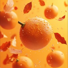 Wall Mural - Orange Fruit with Autumn Leaves and Water Drops