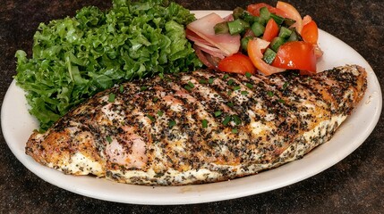   A white plate featuring a fish, salad, and lettuce side by side