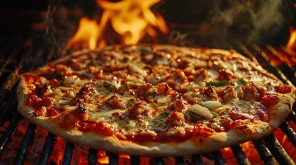  A pizza placed on a pizza pan positioned atop a barbecue with a smearing of pizza sauce and toppings