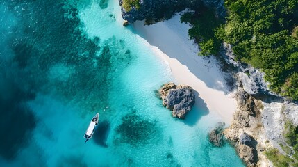 Poster - An enchanting aerial stock photo of a tropical island with a hidden cove.