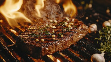 Poster -   A steak cooks on a grill with lots of smoke and garlic on top