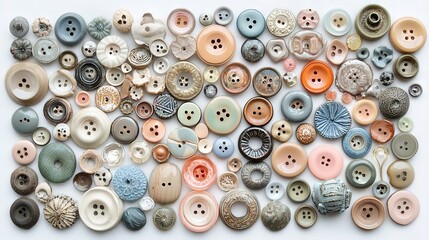   A white table has two piles of buttons on it