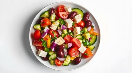 Fresh greek salad with olives, feta, and cherry tomatoes in a white bowl on white background