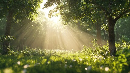 Beautiful forest in spring with bright sun shining through the trees.