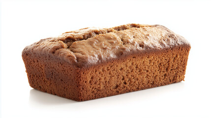 A close-up of a freshly baked brown loaf cake on a white background, showcasing its golden crust and moist texture.