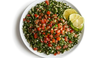 Fresh tabbouleh salad with tomatoes, parsley, and lime on a white plate