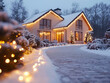 © zphoto83 - A charming house adorned with festive lights shines brightly against a snowy landscape during a tranquil winter evening, evoking a sense of warmth and holiday spirit
