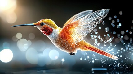 Sticker -   A vibrant hummingbird soars through the sky with water droplets glistening on its feathers