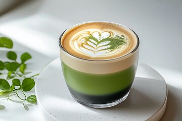 A cup of latte and matcha latte on a white table