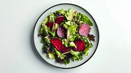 Fresh beetroot and mixed greens salad on ceramic plate