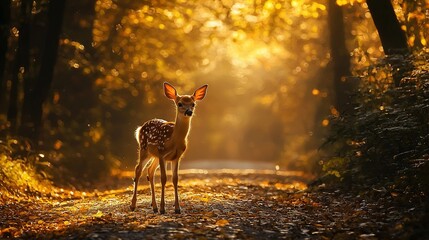 Wall Mural -   A deer standing amidst a forest, bathed in sunlight filtering through the canopy above, with leaves carpeting the ground beneath