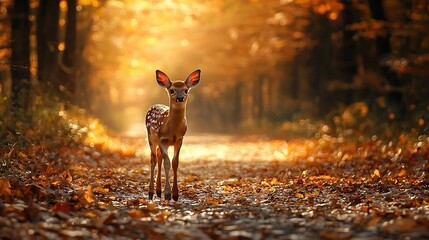 Poster -   A deer standing amidst a dense forest, surrounded by fallen foliage and bathed in dappled sunlight filtering through towering trees