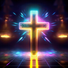 Wall Mural - Cross neon light, on a dark background