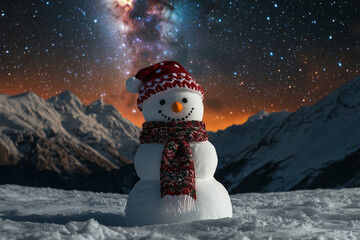 A snowman with Christmas cap on a snow field with mountain background, milky way night sky.