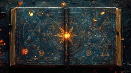 banner featuring ancient spellbook with intricate symbols, sigils, and mysticism, embodying occult concepts