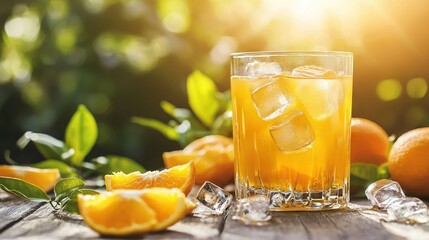 Poster -   A glass of orange juice sits on a wooden table alongside sliced oranges and ice cubes