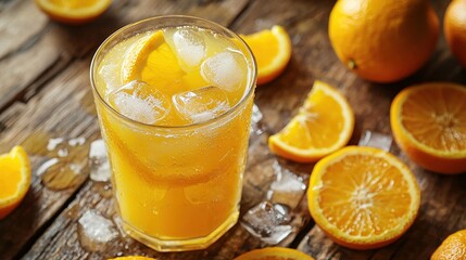 Canvas Print -   Orange juice in a glass atop wooden table with oranges & ice cubes