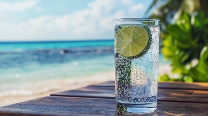 Canvas Print -   A close-up of a glass of water with a lime on a table near the water and a beach in the background