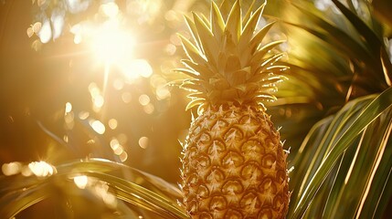 Wall Mural -   A close-up of a pineapple on a tree, illuminated by sunlight filtering through the leaves and casting a warm glow in the background