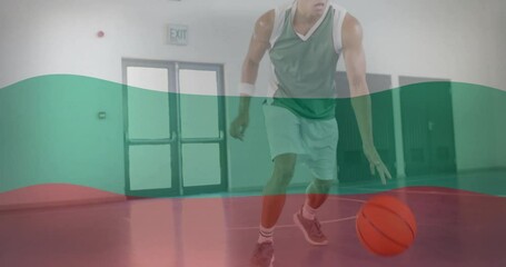 Poster - Animation of flag of bulgaria over biracial male basketball player at gym