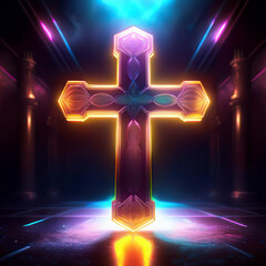 Wall Mural - Cross neon light, on a dark background