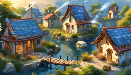 Wall Mural - Whimsical High-Tech Village with Solar-Paneled Roofs Under Ethereal Light in Watercolor Style