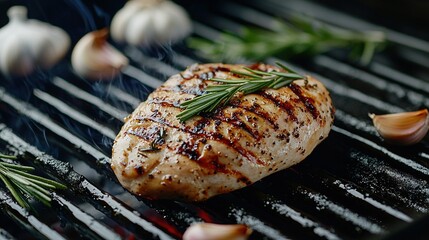   A close-up image of a piece of meat on a grill surrounded by onions and garlic