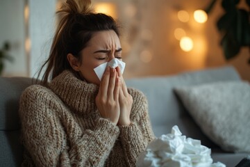  a woman in a sweater sitting on a sofa, blowing her nose with a tissue, focusing on the common cold symptom of a runny nose