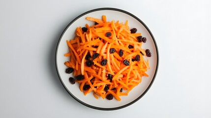 Wall Mural - Fresh shredded carrot salad with raisins on a white plate